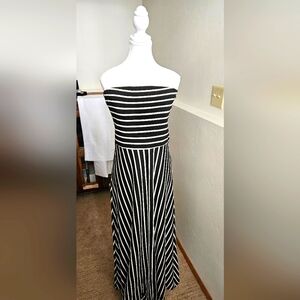 Black and white striped strapless maxi